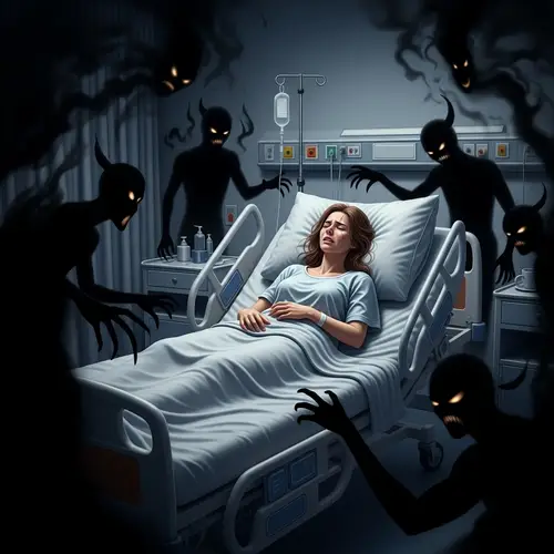 Sick Woman in Hospital Bed Surrounded by Shadows