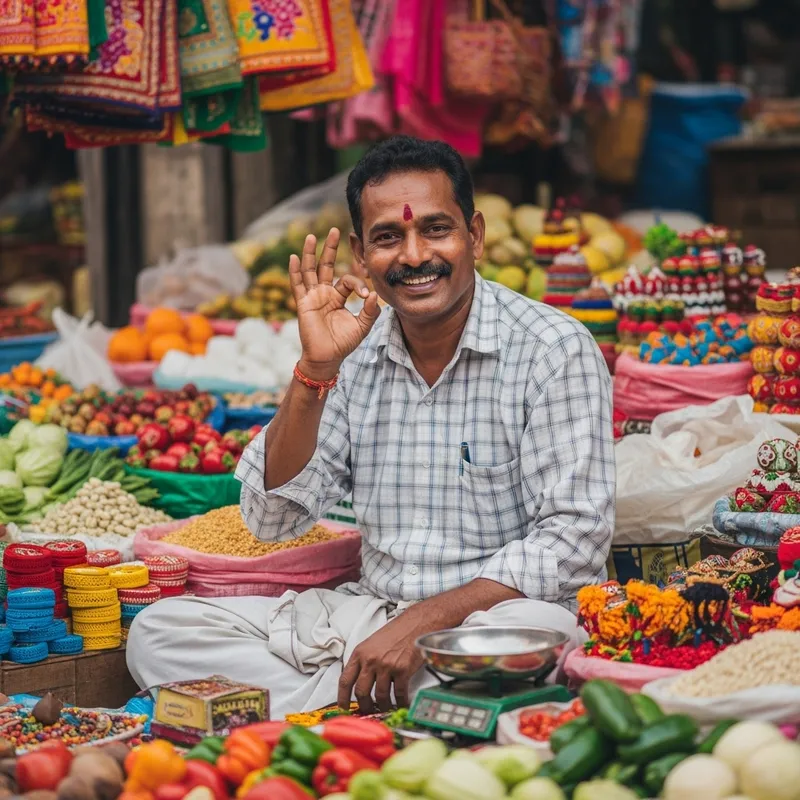 Smiling Chinese Market Vendor Shows Ok Sign Among Colorful Goods