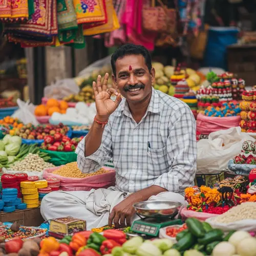 Cheerful South Asian Market Vendor Surrounded by Colorful Goods