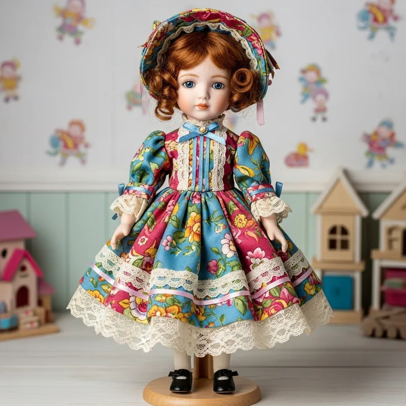 Victorian Doll in Colorful Silk Dress | Delicate Features