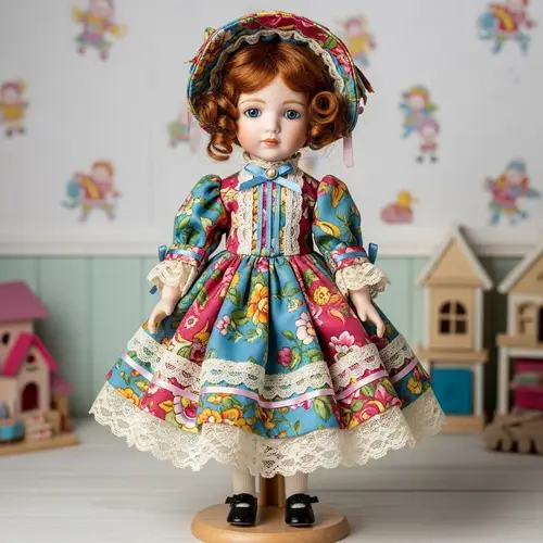 Exquisite Victorian Doll in Colorful Silk Dress