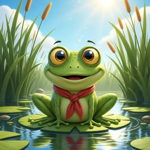 Playful Cartoon Frog Sitting on Lilypad in a Serene Pond