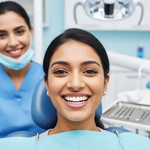 South Asian Woman with Perfect Smile in Dental Clinic