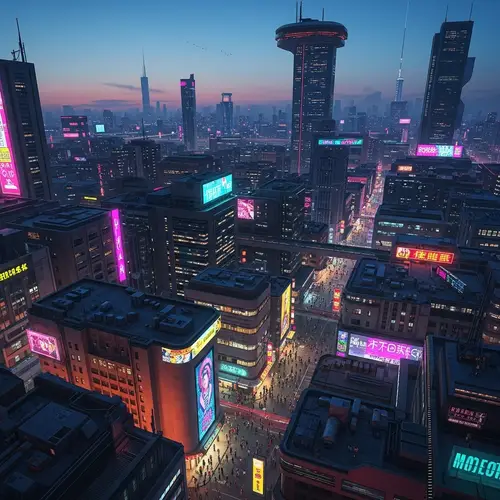 Futuristic Cityscape at Twilight: Vibrant Cyberpunk Metropolis