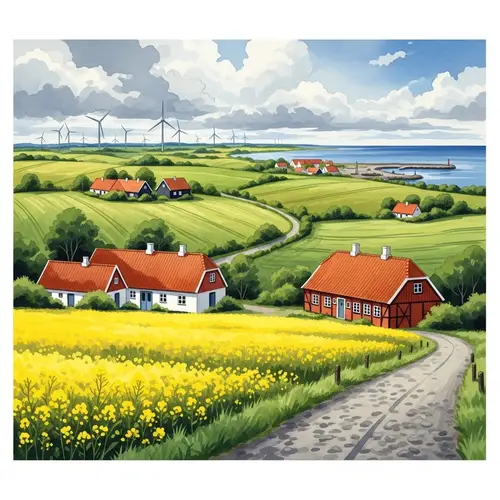 Denmark Watercolor Art: Landscape with Danish Cottages & Wind Turbines