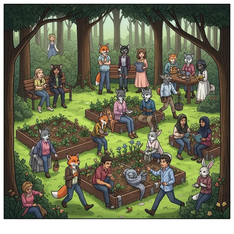 Whimsical Scene of Forest Garden with Anthropomorphic Animal Figures Whimsical Scene of Forest Garden with Anthropomorphic Animal Figures