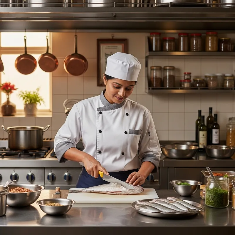 Professional South Indian Female Chef Cutting Fresh Fish in Seafood Kitchen
