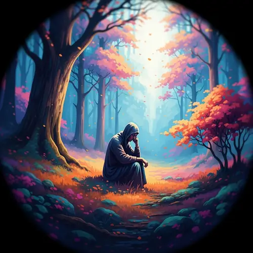 Mysterious Figure in Vibrant Forest - Impressionist Style Art
