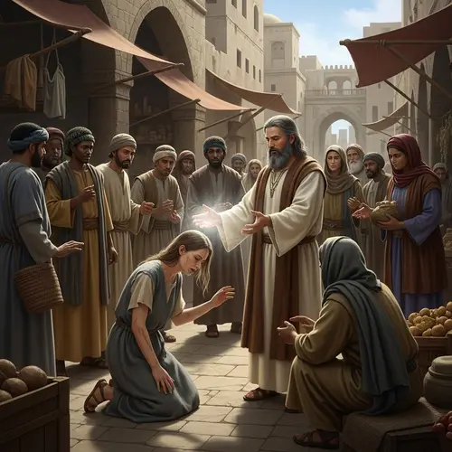 Jesu Healing People in Ancient Marketplace
