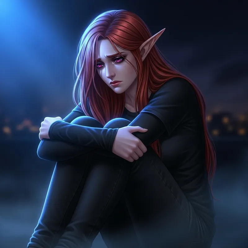 Sad Female Elf with Red Hair in Ethereal Nightscape