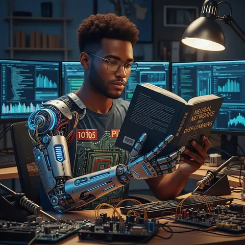 Dark-Skinned Technical Computer Nerd with Robotic Arm Holding Book