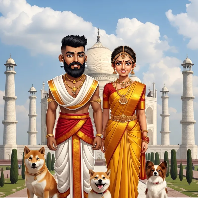South Indian Boy & Girl in Traditional Attire at Taj Mahal with Dogs