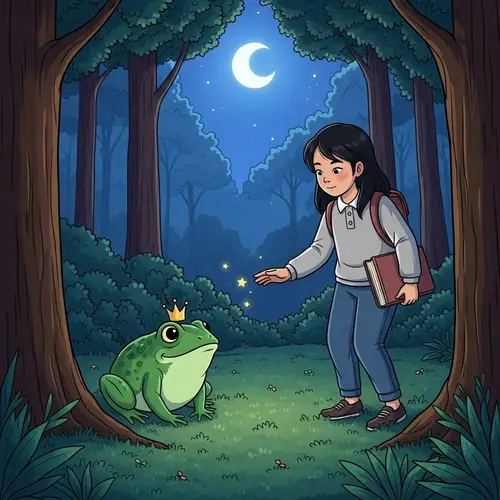 Asian Girl Discovers Frog Prince in Night Forest | Cartoon Scene