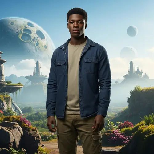 Confident Young Black Man: Guide and Provider on Alien Planet