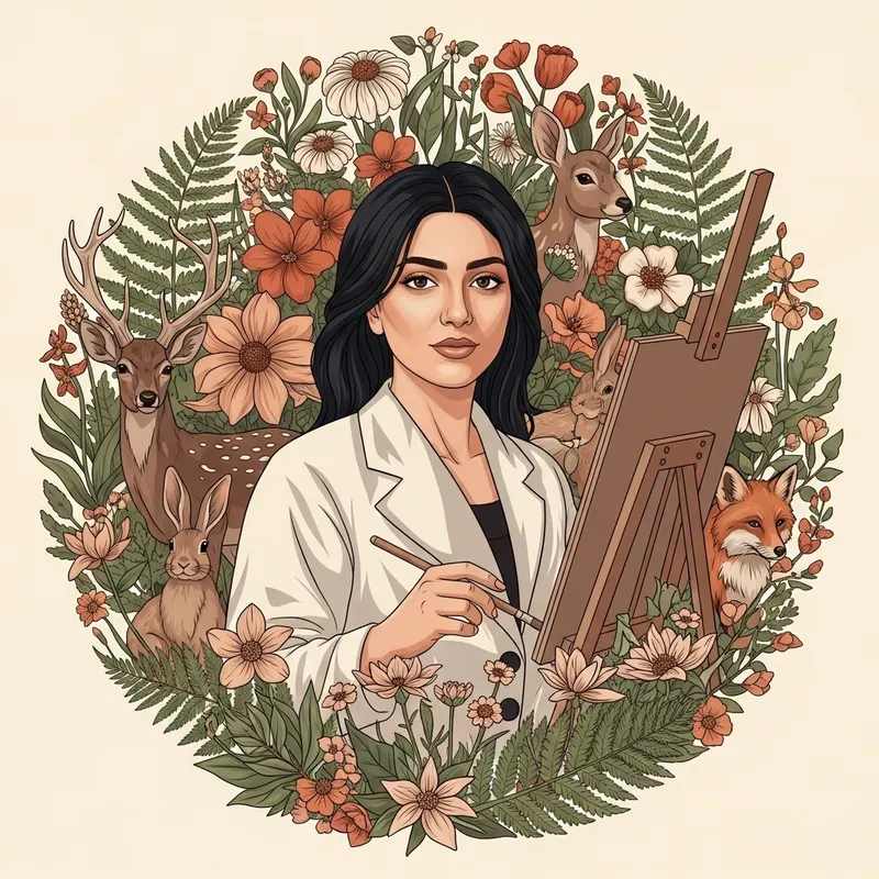 Dark-Haired Female Artist with Flora, Wildlife, and Warm Palette