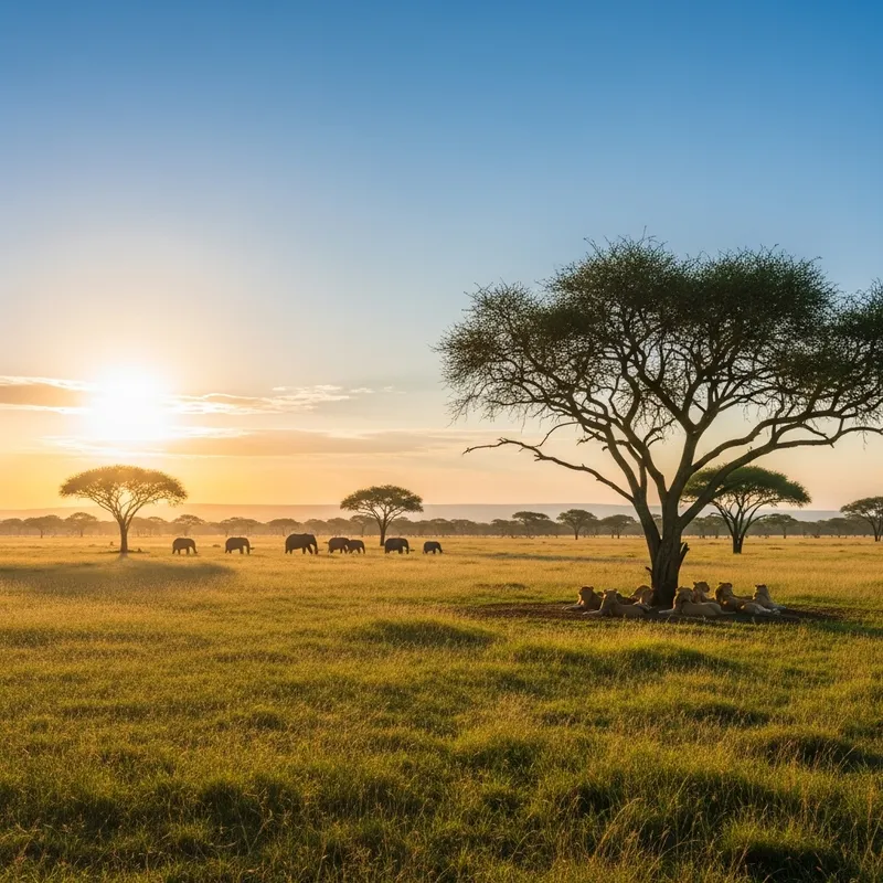 Breathtaking Savannah Landscape: Elephants, Lions & Acacia Trees