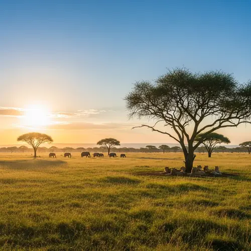 Traditional Savanna Landscape: Elephants, Lions & Acacia Trees