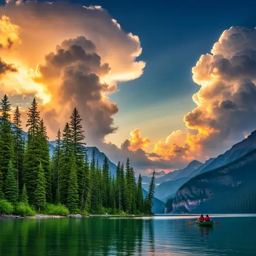 Surrealistic Harmony: Lush Trees, Serene Lake, and Celestial Skies