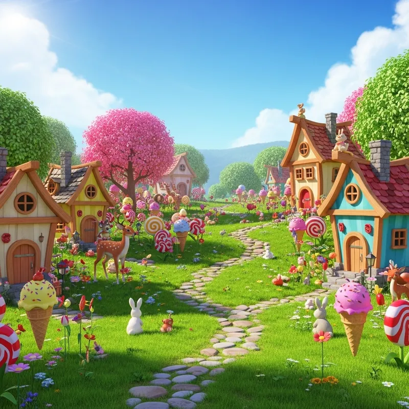 Enchanting 3D Meadow with Elf Houses and Sweet Delights