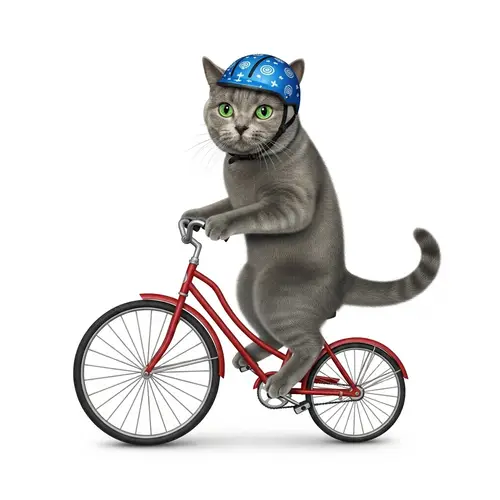 Whimsical Cat Riding Red Bicycle | Playful Surrealism