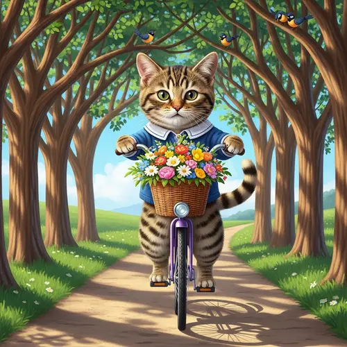 Cute Spotted Cat Riding Vintage Bicycle | Whimsical Scene