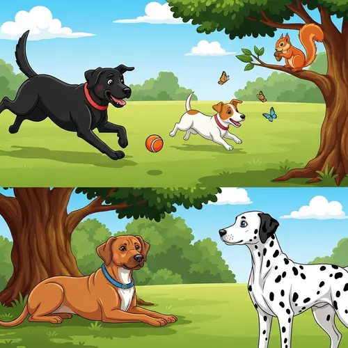 Playful Scene of Diverse Dogs in Lush Green Park