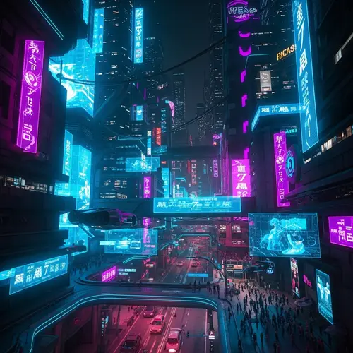Futuristic Cyberpunk Cityscape Illuminated by Neon Lights