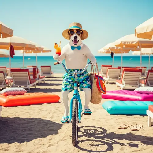 Fashionable Dog Cycling at Seaside Retreat with Vintage Vibe