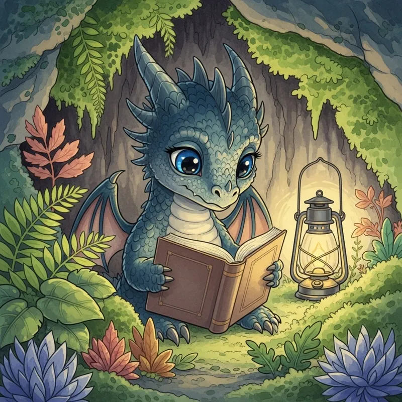 Enchanting Dragon Reading A Book By Lantern Light