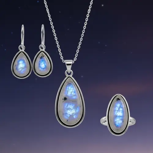 High-Quality Moonstone Silver Set Jewelry Image | Night Sky Background