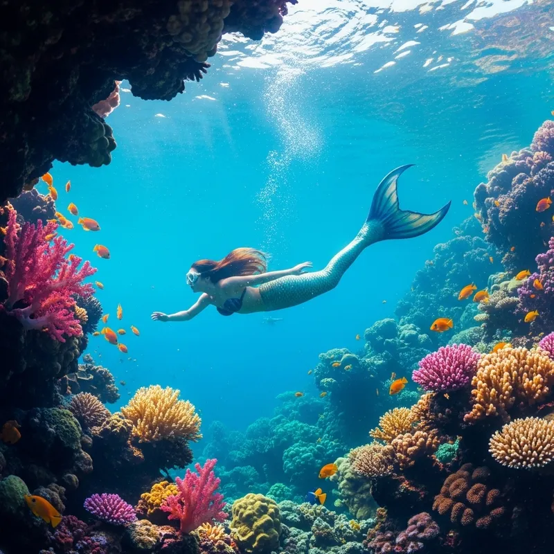 Impressionist Underwater Mermaid and Coral Reefs Fantasy