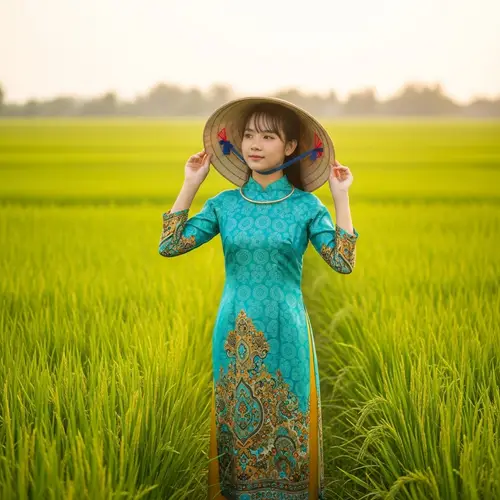 Vietnamese Girl in Turquoise Ao Dai Dress at Sunset in Rice Paddy