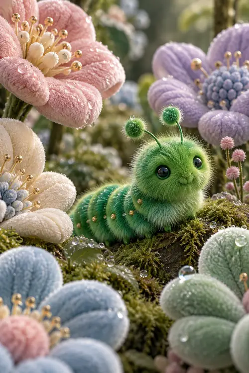 Whimsical Plush Caterpillar Among Surreal Flowers