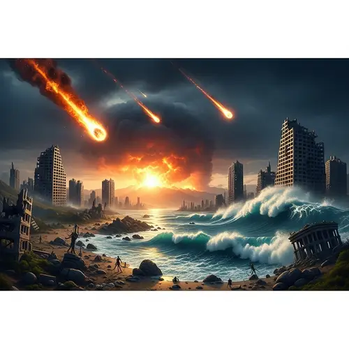 Apocalyptic Scene: Fiery Meteors, Crumbling Cities & Raging Oceans