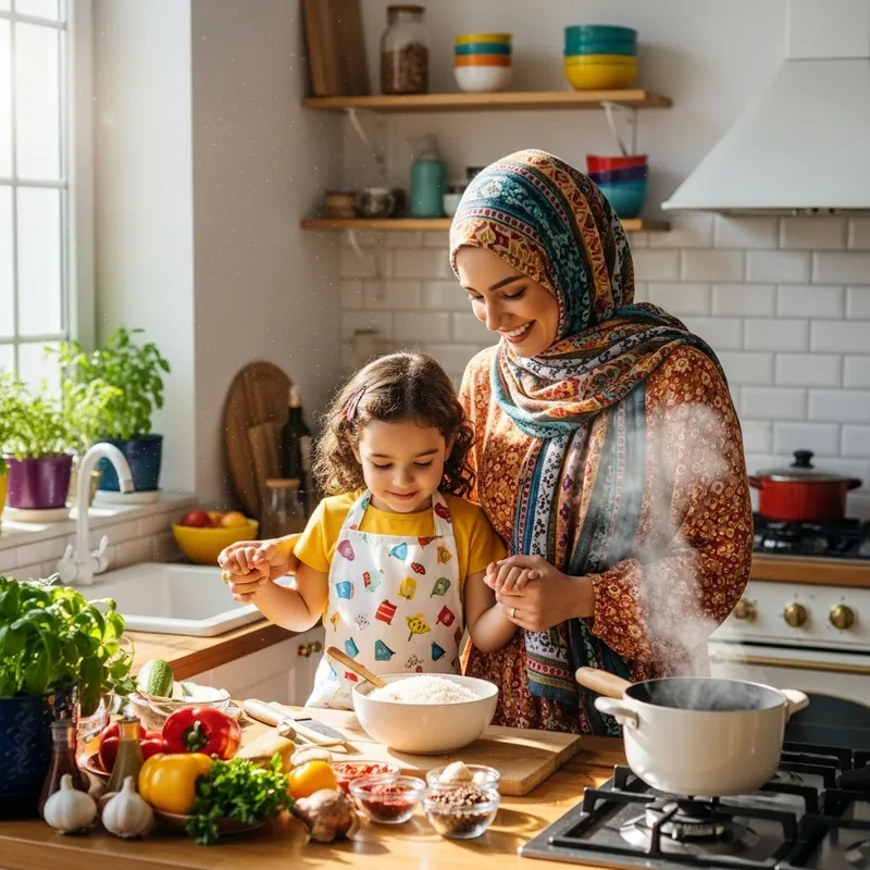 Muslim Women and Daughter Making Rice: Feel Free and Happy