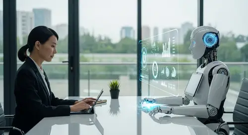 Futuristic AI Performance Review in Technologically Advanced Office