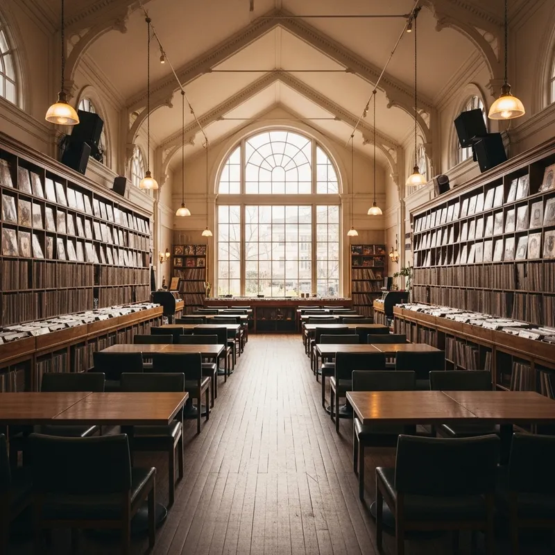 Chic Café Interior with Spacious High Ceiling and Vinyl Record Gallery Chic Café Interior with Spacious High Ceiling and Vinyl Record Gallery