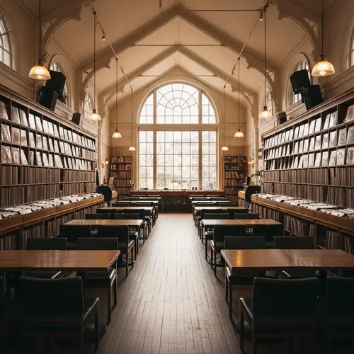 Unique Café Interior with Impressive High Ceiling and Vinyl Record Collection