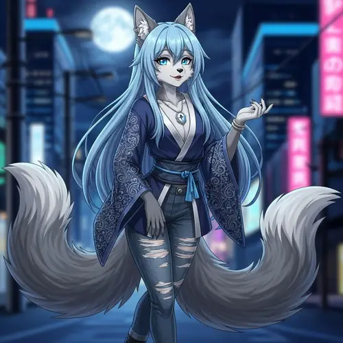 Anime Wolf Woman with Two Tails - Light Blue Haired Character