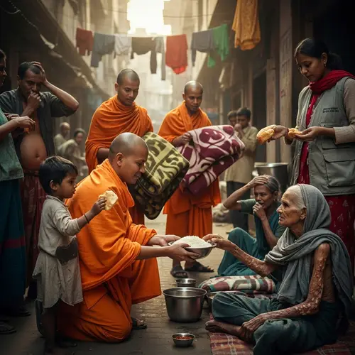 South Asian Monk Engaging in Charitable Actions