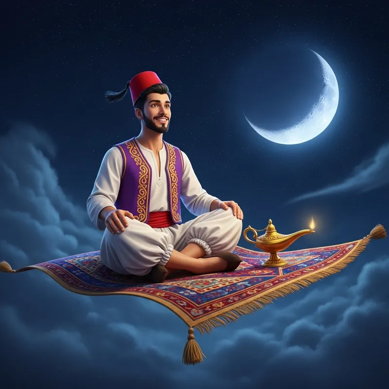 Aladdin Flying on Magic Carpet at Night