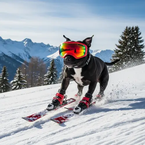 Adorable Black Staffordshire Bull Terrier Skiing Down Snowy Slope
