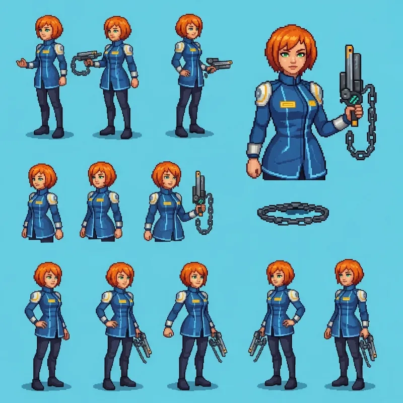 Marie Wentz Pixel Art Character Sheet: Cyberpunk Detective Design