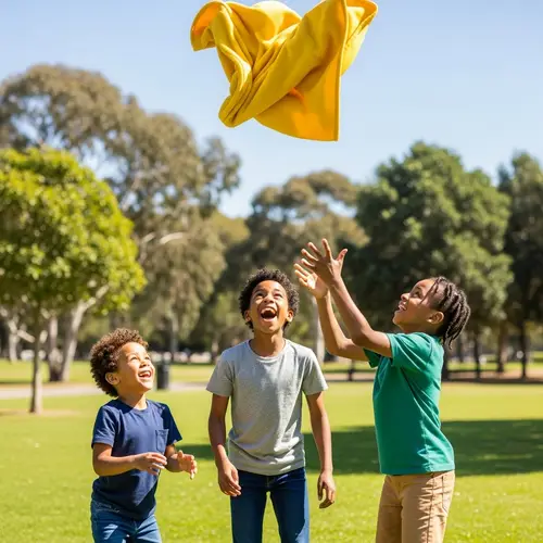 Joyful Boys Tossing Blanket in Sunny Park | Diversity & Fun