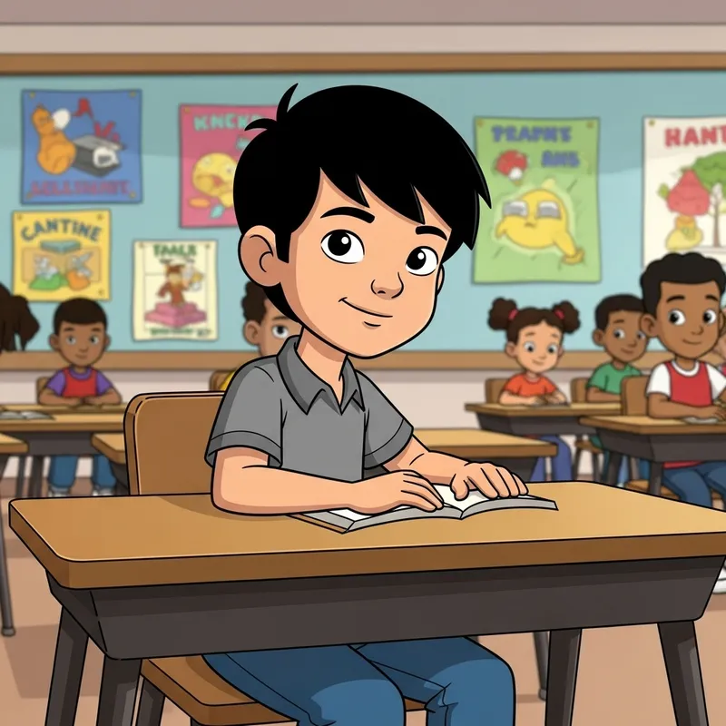 Cartoon Drawing of Young Boy in Classroom Setting