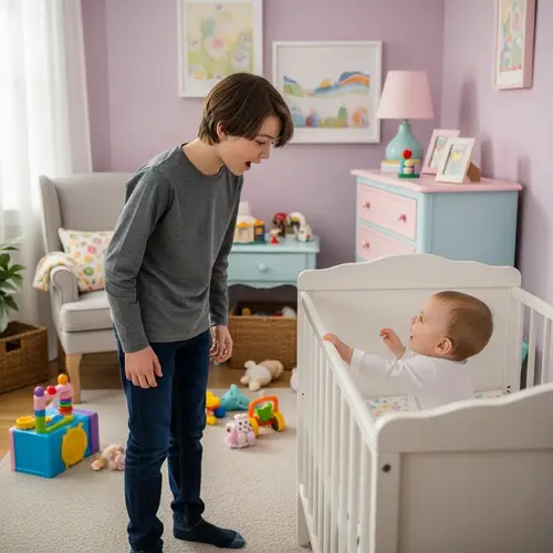 Intrigued 12-Year-Old in Nursery Room with Pampers Baby Dry