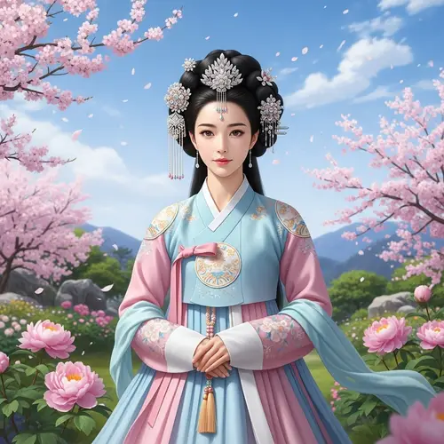 Elegant East Asian Woman in Traditional Hanbok - Serene Garden Scene