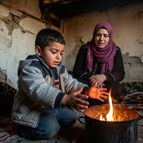 Somber Scene of Vulnerability: Middle-Eastern Boy and Mother in a Modest Home
