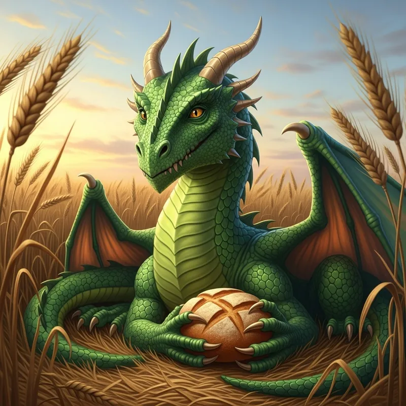 Green Dragon Resting in Rye Field with Bread