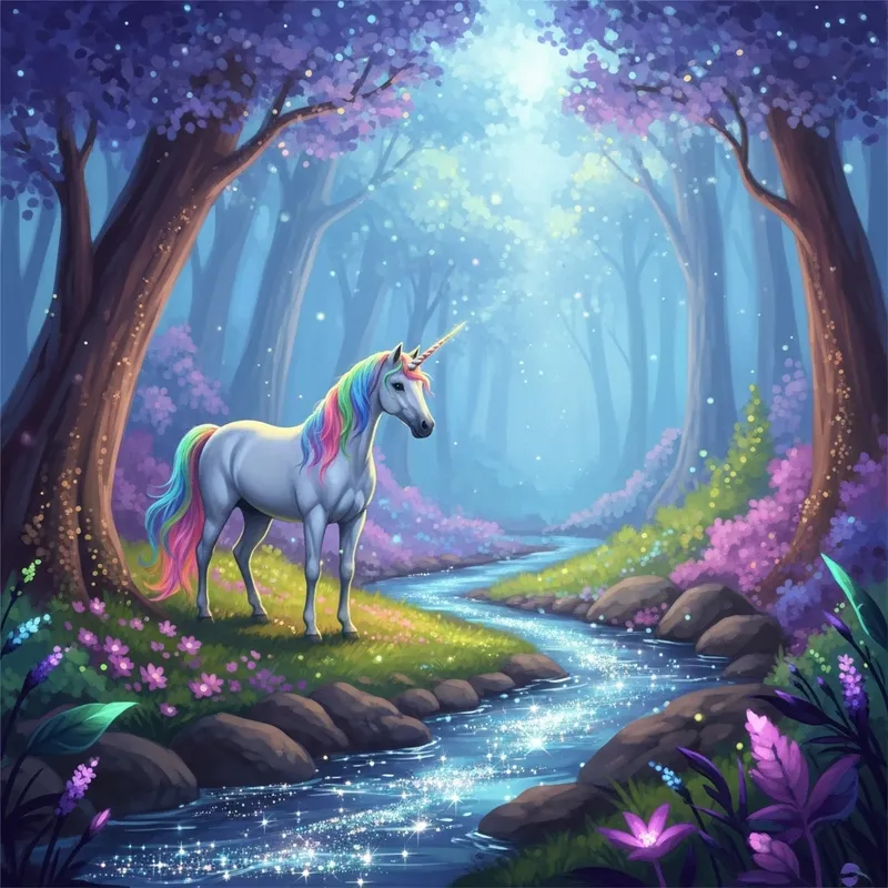 Mystical Forest Unicorn by Enchanting Stream - Fantasy Paint